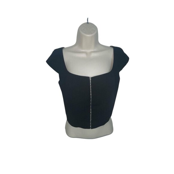 Item... VINTAGE USA? Women's Size 6 Cropped Black Ladder Cutout Zip Back Blouse - Picture 1 of 12